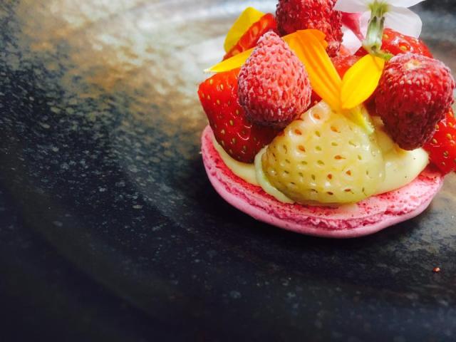 Strawberry macaroon, wild berries, violet ice cream